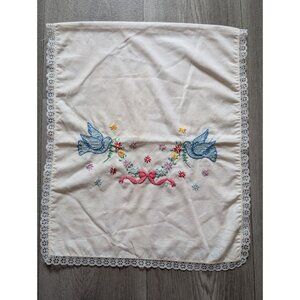 Vintage Embroidered Table Runner With Blue Doves & Pink Bows Lace Trimmed 40" x